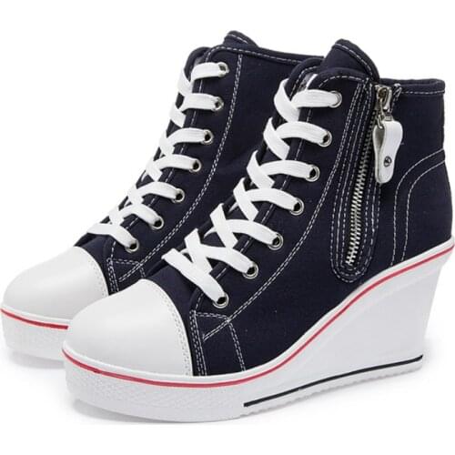 Women Wedges High Top Platform Shoes Woman Casual Trainers Elevator Shoe High Heels Canvas Shoes Eur 35-43