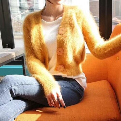 New Women Mink Cashmere Cardigans Mujer Button Sweaters Korean Yellow Crop Knitted Women Tricot Short Black Sweaters Female