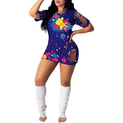 Female Hollow Out Inkjet Print Short Sleeve Dress Women Sexy Skinny Plus Size Mini Dress Summer Fashion Street Short Dresses D30