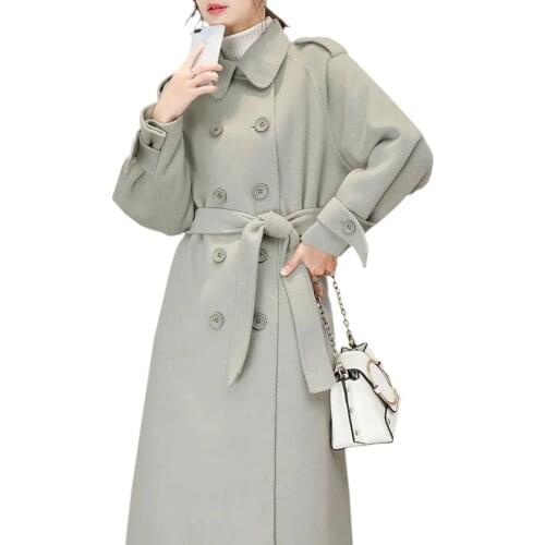 New Vintage Woman Loose Sashes Woolen Coats 2021 Chic Female Autumn Soft TurnDown Collar Outwear Ladies Elegant Pockets Jackets