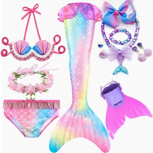 2021 NEW Arrival Rainbow Color Mermaid Tail Swimsuit with Fin for Kids Girls Bathing Suit Holiday Dress Costume