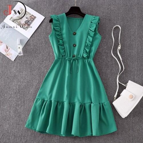 2021 Women Summer Dress Fashion Solid V neck Ruffles Sleeve Elegant Party Dresses Vintage Beach Sundress Streetwear Outfits