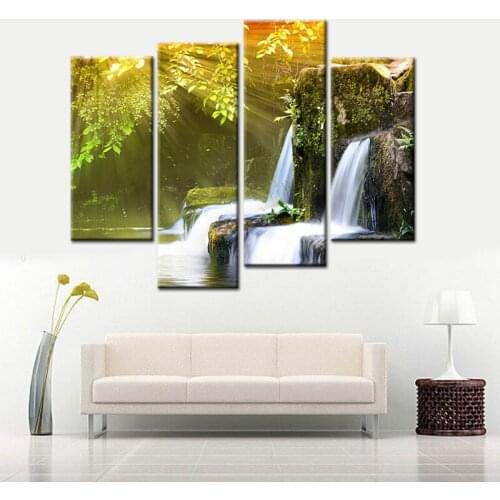 4panel Printed Green Tree Waterfall Art Scenery Landscape Modular Picture Canvas Painting for Bedroom Living Room Home Wall