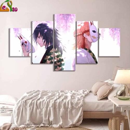 5 Panel Cartoon Demon Slayer Wall Art For Bedside Background multi- Pictures Home Decor 5d diy Diamond Painting Poster