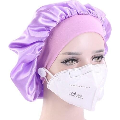 Satin Bonnet Wide Elastic Band Night Sleep Hair Caps with Button Wear Ear Protection Headwear Hat Women Hair Accessories