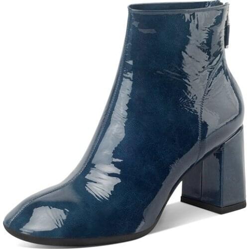 Genuine Leather Women Square Heels Ankle Boots Autumn Winter Zipper Chelsea Boots Female Big Size Prom Party Shoes Woman
