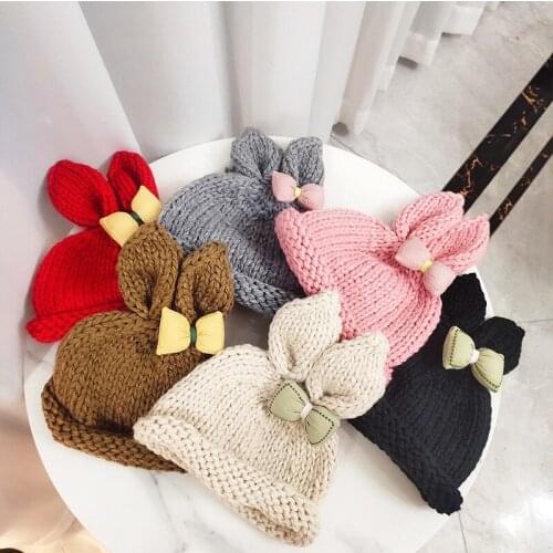 Childrens Winter Beanie Cute Hats Rabbit Ears Bow Bonnets Wholesale Girls Fashion Wool Warm Knitted Hat