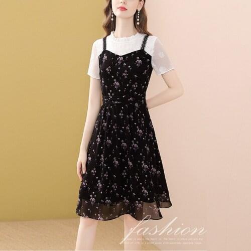 Only Plus Patchwork Floral A Line Dress Women Ruffle O-Neck Sweet Summer Short Sleeve Fake two Piece Chiffon Vintage Dresses