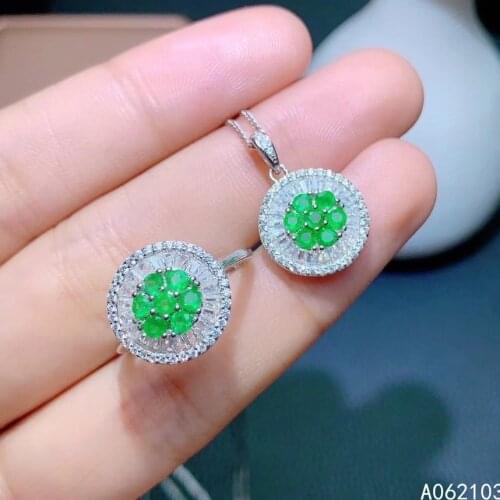 KJJEAXCMY fine jewelry 925 sterling silver inlaid natural emerald Womens elegant ol style round pendant ring gem set support te