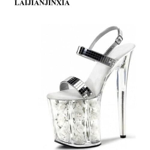 LAIJIANJINXIA With high 20cm white flowers wedding heels silver glitter strappy sandals Stripe Dance Shoes