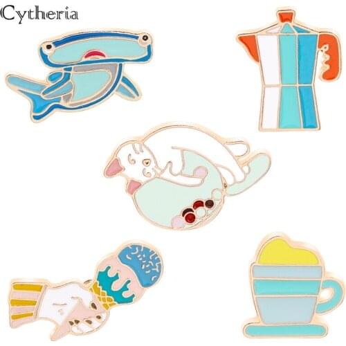 Summer Seaside Vacation Sea Shark Cat Ice cream Whale Octopus Fish Beach Umbrella Shell Mermaid Brooches Pins