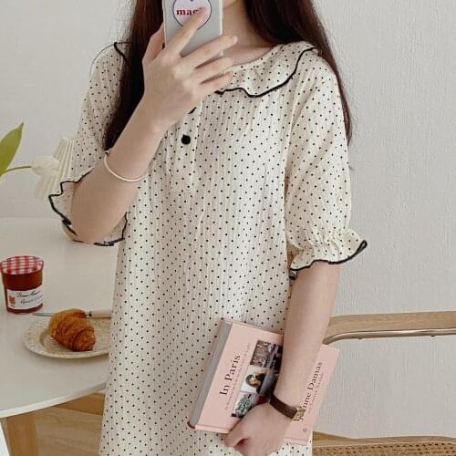 Polka Dot Print Summer Nightgown Women O-Neck Ruffles Short Sleeve Loose Sleep Dress Cotton Vintage Homewear Sleepwear