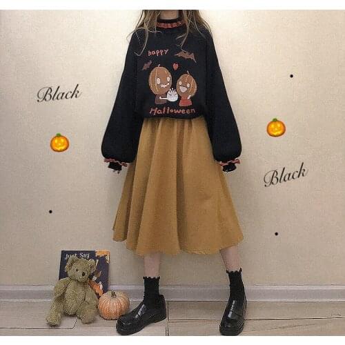New Girls Pumpkin Birthday Party Halloween Cute Lace Lazy Wind Loose Lantern Sleeve Sweater Student Tops Harajuku Mori Japanese