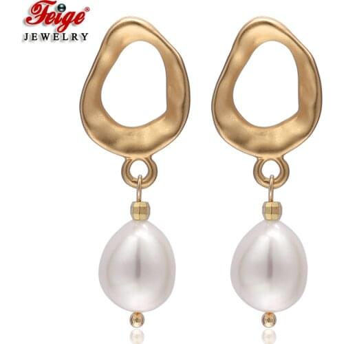 Fashion Statement Earrings Women Jewelry 14K Gold Plated 10-11mm Natural Baroque Freshwater Pearl Drop Earrings Wholesale FEIGE