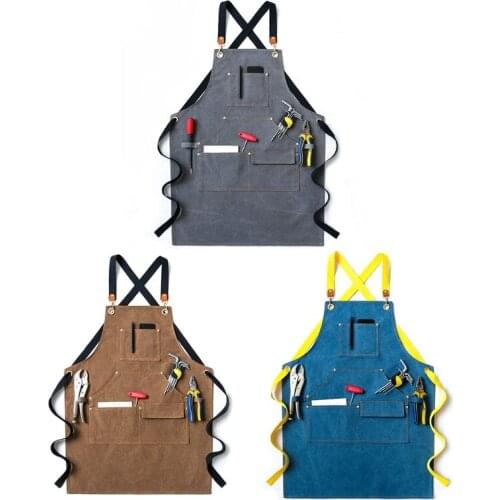 2021 New Men Women Canvas Work Apron Cross-Back Adjustable Shoulder Strap Handcraft Bib with Multi Tool Pockets for Woodworking
