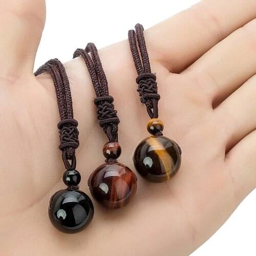 New Tiger Eyes Obsidian Beads Necklace Charm Natural Stone Pendant Necklace Fashion Adjustable Rope Chain Jewellery Gifts 16mm