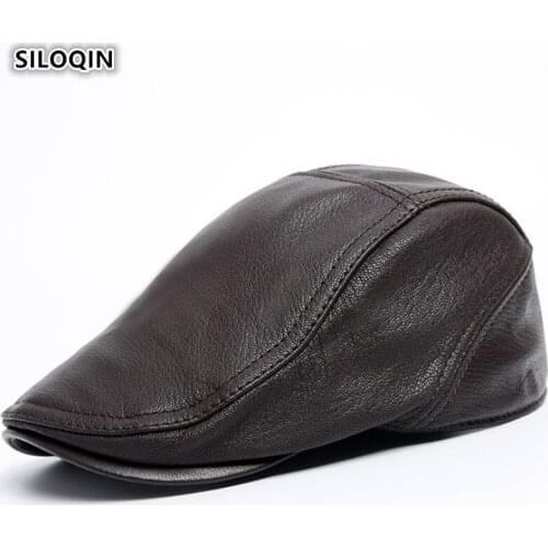 SILOQIN Trend Genuine Leather Hat Mens Autumn Winter Fashion Berets Adjustable Size High Quality Sheepskin Keep Warm Tongue Cap