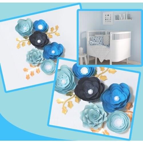 Handmade Blue Rose DIY Paper Flowers Leaves Set For Baby Shower Backdrops Decorations Boys Nursery Wall Deco Video Tutorials