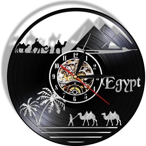 Egypt Theme Pyramid Vintage Vinyl Record Wall Clock Watch Sahara Desert View Camel Decorative Clock Unique Africa Travel Gift