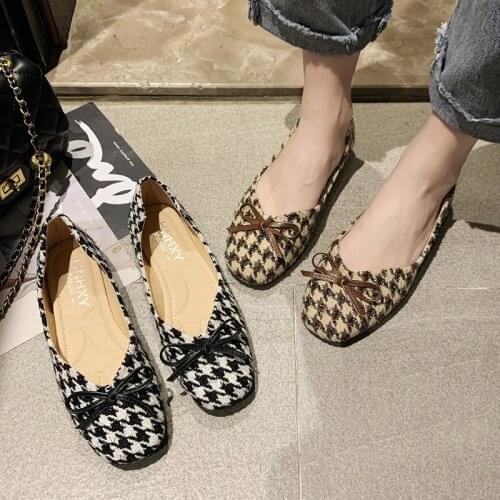 Spring Autumn Woman Flats Plaid Jacquard Fabric Slip on Flats Shoes Female Boat Shoes Square Toe Bow Ladies Shoes Shallow 8966L