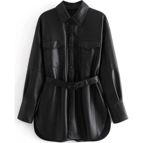 XNWMNZ Za Women black elegant classic faux leather jacket coat with belt Ladies Long Sleeve loose oversize boy friend retro Coat