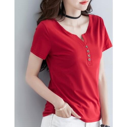 V-Neck Button Women T Shirt Summer Tops 2021 T-Shirt Cotton Short Sleeve Korean Fashion Clothing Camiseta Mujer Vetement Femme
