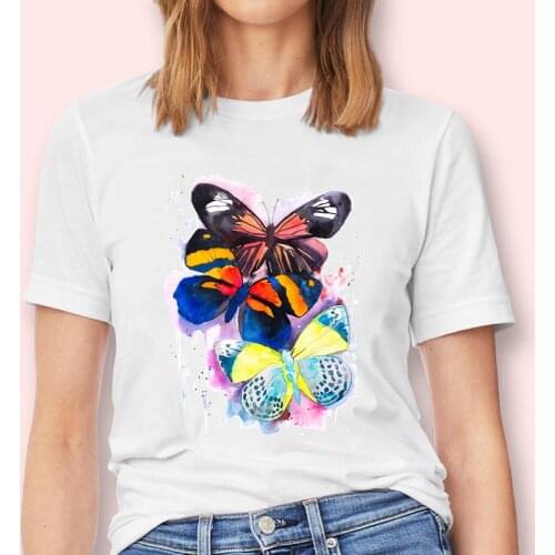Women Butterfly Watercolor Lovely New Kawaii Fashion Graphic Female Short Sleeve Tops Tees Tshirt Print T-Shirt Cartoon Clothes