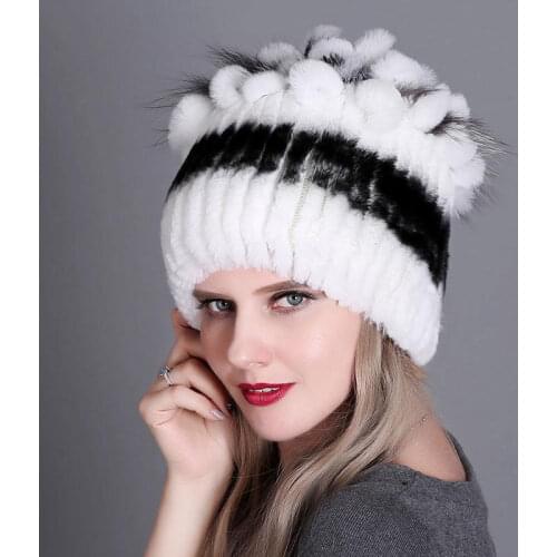Fur Winter Hat For Women 100% Real Rex Rabbit Fox Fur Hat Knitted Striped Hat Lady Winter Warm Headwear Womens Fur Hats