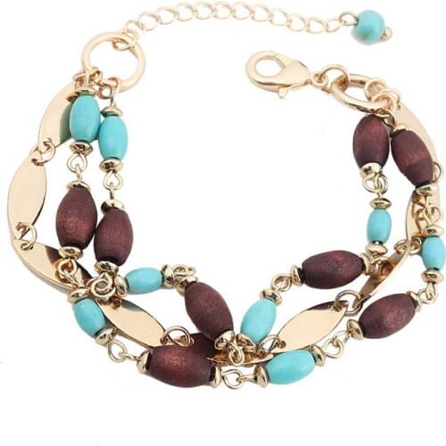 Layered Cylinder Wood Bead Bracelets for Women Gold Color Marquise Charms Smooth Turquoise Stone Strand Bracelets & Bangles New