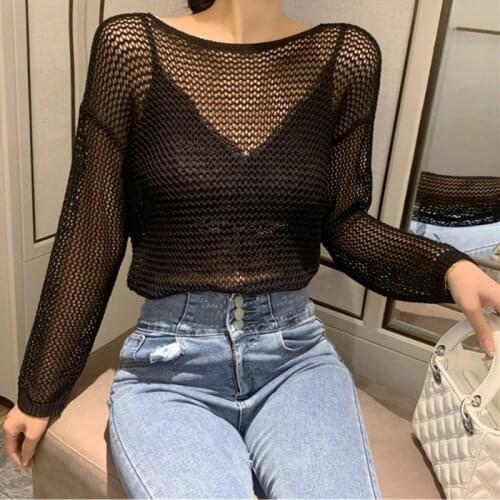 2020 Autumn Korean Version Loose Heart Machine Bare Back Pearl Long-Sleeved Upper Garment Sun Protection Hollow Sweater Women