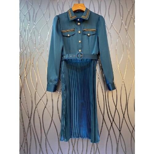 New 2021 Autumn Fashion Style Dress High Quality Women Turn-down Collar Chest Pocket Deco Long Sleeve Blue Black Pleated Dress