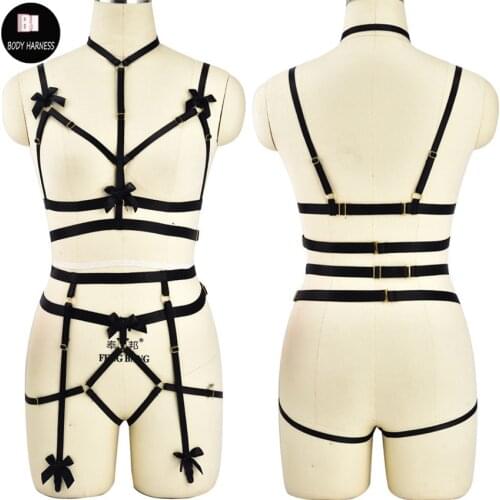 Womens Sexy Lingerie Body Harness Set Black Elastic Body Cage Bondage Harness Belt Goth Fetish Garter Belt Crop Top Cage Bra