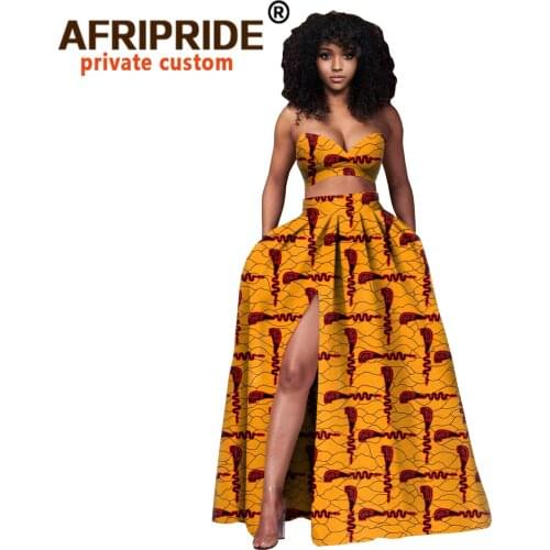 African Clothes for Women Crop Top and Maxi Skirt 2 Piece Set Sleeveless Women Blouse Sexy Party Outfits with Pockets A2026007