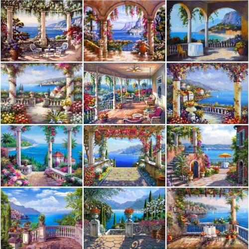 AZQSD Full Square Diamond Painting Town Seaside Cross Stitch Diamond Embroidery Landscape Mosaic Handicraft Decoration For Home