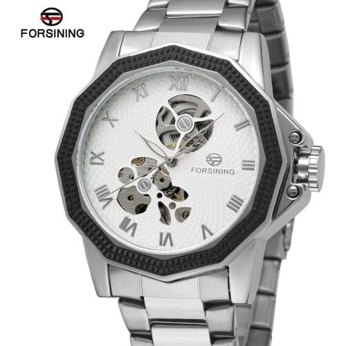 FORSINING Men Auto Mechanical Wrist Watches Top Brand Luxury Silver Stainless Steel Strap Roman Numerals Skeleton Watches Men