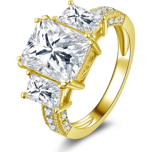 QYI Rectangle Cut 14K Solid Yellow Gold Luxurious Engagement Rings For Women Classic Three Stone Wedding Band