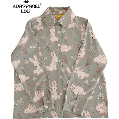 Japanese Cute Rabbit Printed Shirts Sweet Girls Tops Teens Student Vintage Lapel Green Loose Chiffon Retro Bunny Blouses Summer