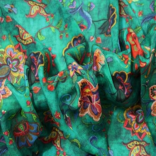 100% Mulberry Silk Graceful Green Colorful Flowers Printed Silk Fabric Soft Fabric Summer Shirt Baby Cloth Dress Wedding Dress