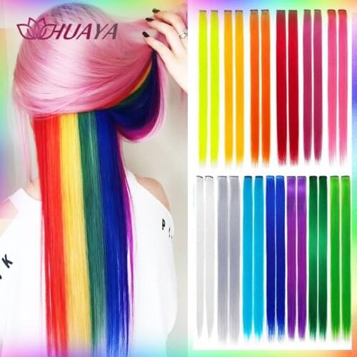 HUAYA Long Straight Ombre Synthetic Clip In One Piece Hair Extensions for Girls Rainbow Colored Hair Piece for Women Sports Fans