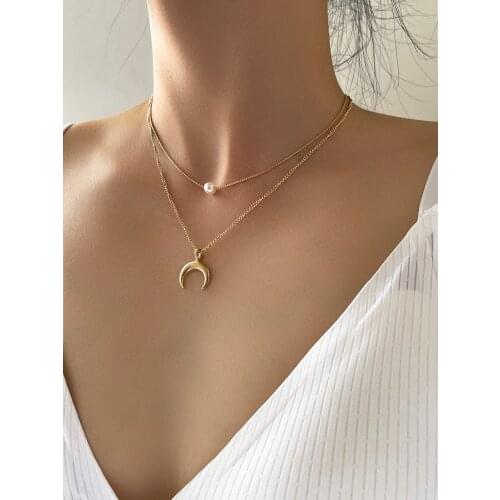 Stillgirl Double Layer Vintage Pearl Gold Chain Pendant Necklace for Women Boho Moon Geometric Set Female Simple Fashion Jewelry