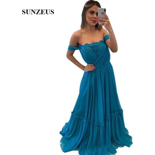 Off The Shoulder Straps Evening Long Dresses A-line Lace Neck Blue Chiffon Formal Party Gowns