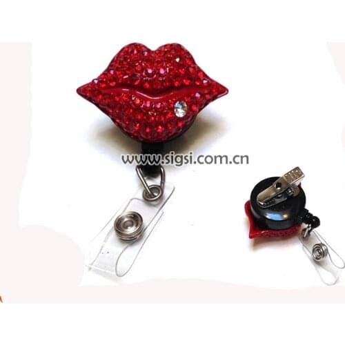 Pretty Red Lips Rhinestone Retractable Reel / ID Badge Holder