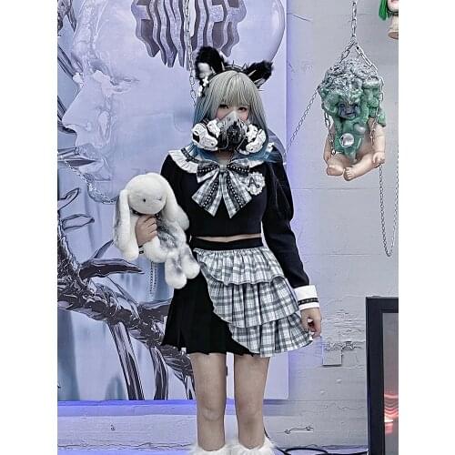 SweetCool Harajuku Girls Black Navy Collar Bow Skirt Punk Sweet Fashion Kawaii Lolita Cake Mini Skirts JK Uniform Suit New