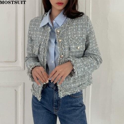 Elegant Chic Tweed Jacket Coat Women Full Sleeve O-neck Single-breasted Pockets Tops Solid Soft Ladies Outerwear 2021 Autumn