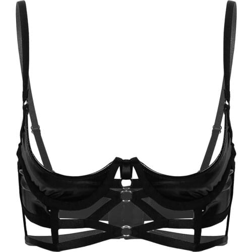 Womens Open Cup Bra Tops Wet Look Patent Leather Lingerie Quarter Cup Strappy Underwired Bra Tops Sexy lingerie Women Open Bra