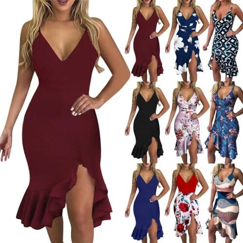 Women Dress Summer V-neck Sleeveless Printed Color Casual Ruffle Dress Fashion Vestidos De Festa Summer Sundress #G2