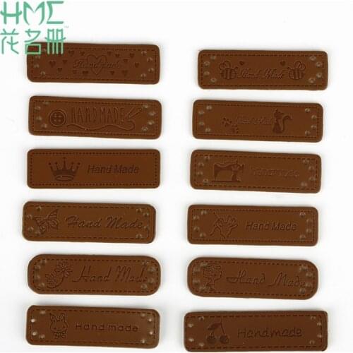 12pcs/lot Hand Made PU Leather Labels for DIY Clothes Garment Handmade Tags Jeans Bags Hats Shoes Sewing Connectors Accessories