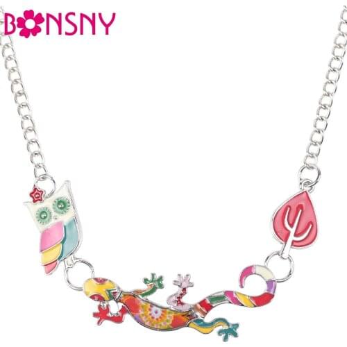 Bonsny Enamel Jewelry Gecko Lizard Owl Necklace Chain Moose Alloy Maxi Statement Elk Wapiti News Collar Choker Necklace