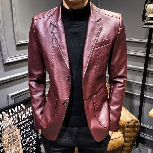 Brand Casual Fashion Trendy Slim Fit Faux PU Mens Leather Blazer Jacket Coats Black Classic Autumn Winter Coats Men Clothing