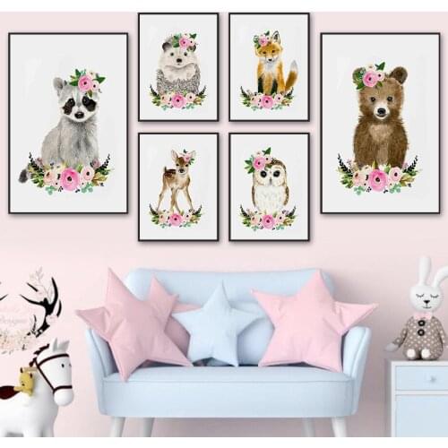 Raccoon Hedgehog Deer Fox Bear Owl Rose Animal Wall Art Canvas Painting Nordic Posters And Prints Wall Pictures Kids Room Decor